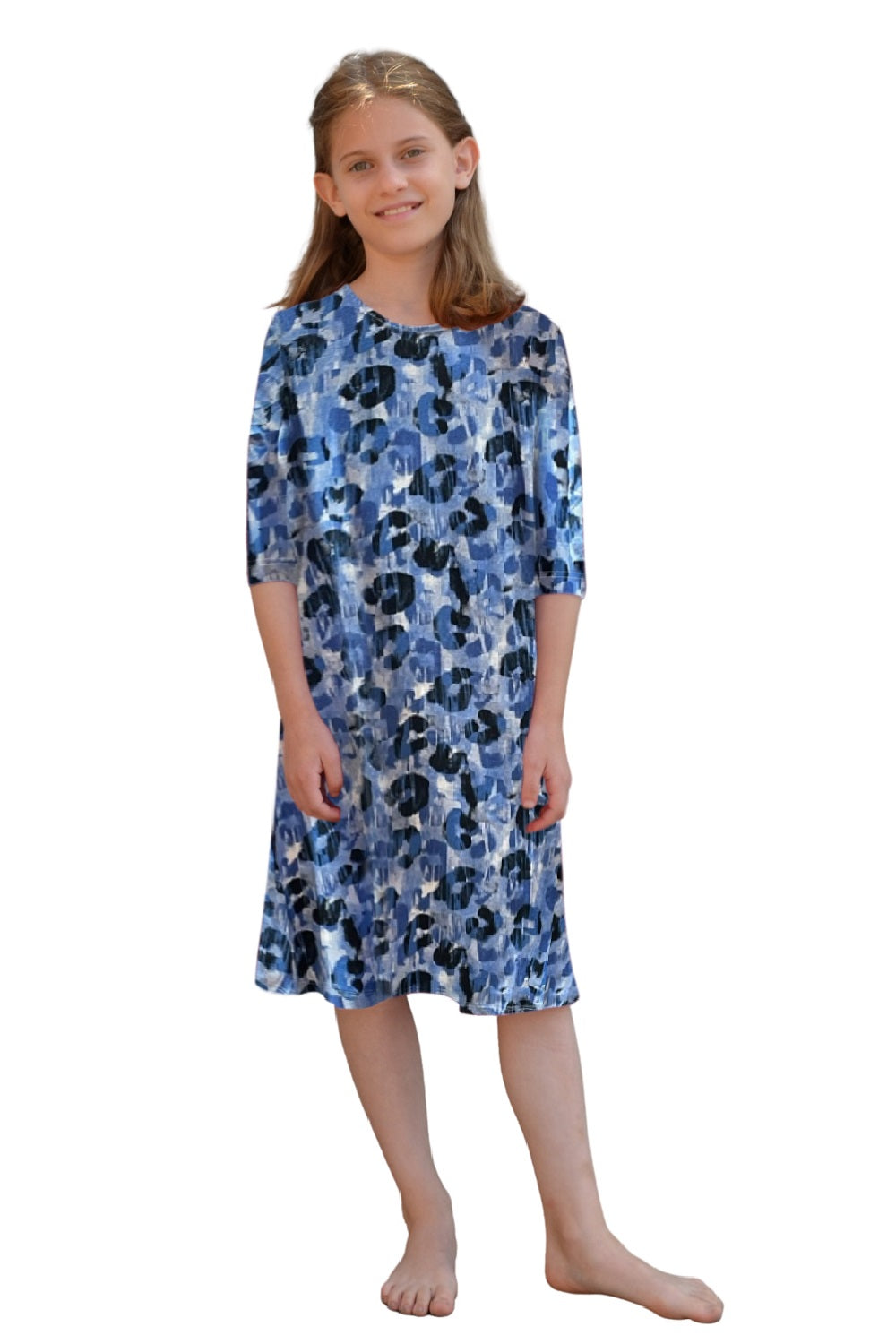 Girls' Easy Pull-On A-Line T-Shirt Dress with 3/4 Sleeves