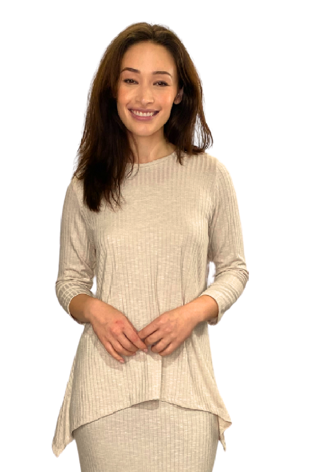 Popular Wide-Ribbed Handkerchief Hem Tunic with 3/4 Sleeves