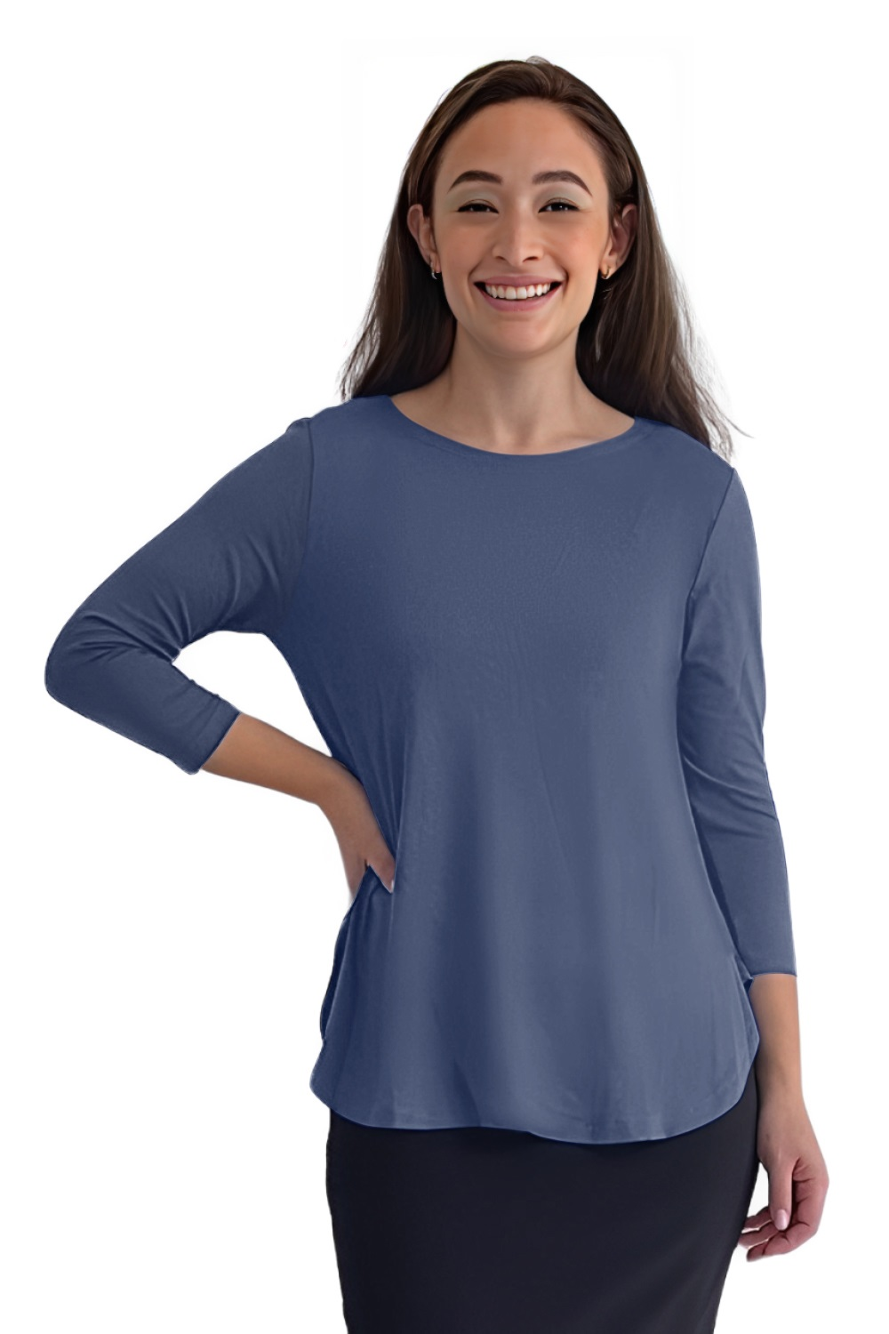 Curved Side Hem Tunic with 3/4 Sleeves and Modest Crew Neckline