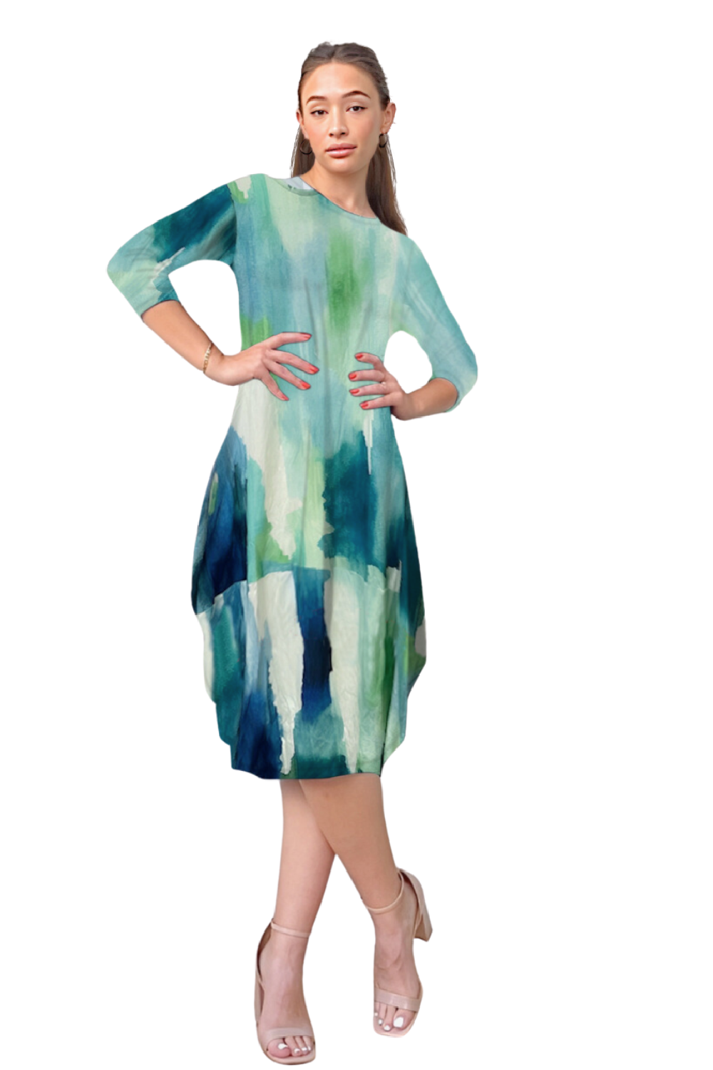 3/4 Sleeve Tulip Cocoon Dress - Mid-Calf Length with Pockets