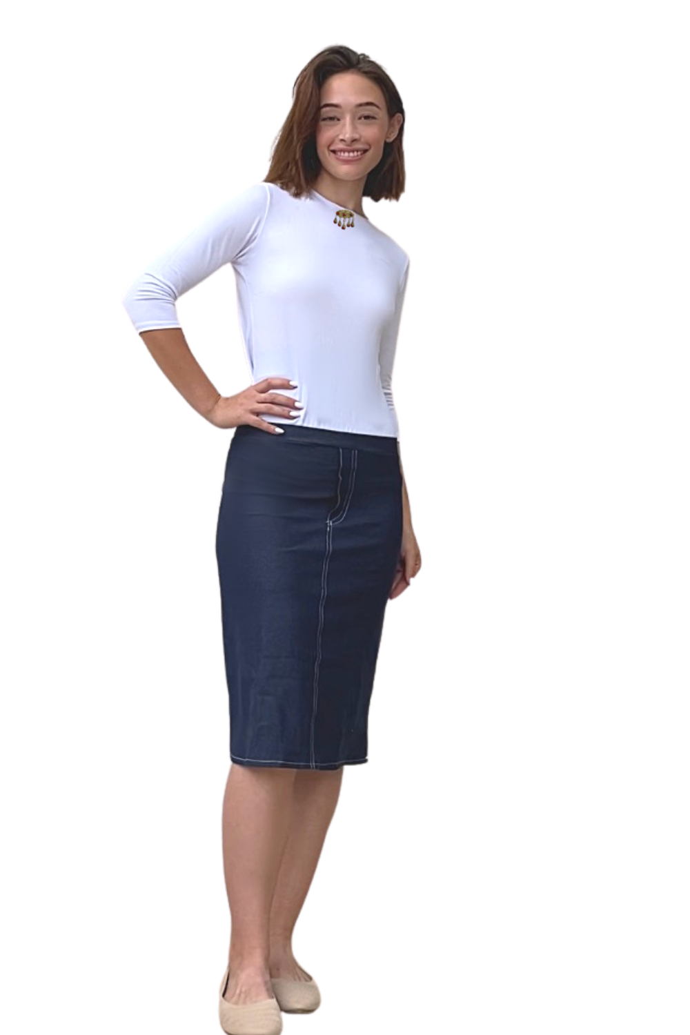 Faux Knit Denim Knee-Length Pencil Skirt with Stretch