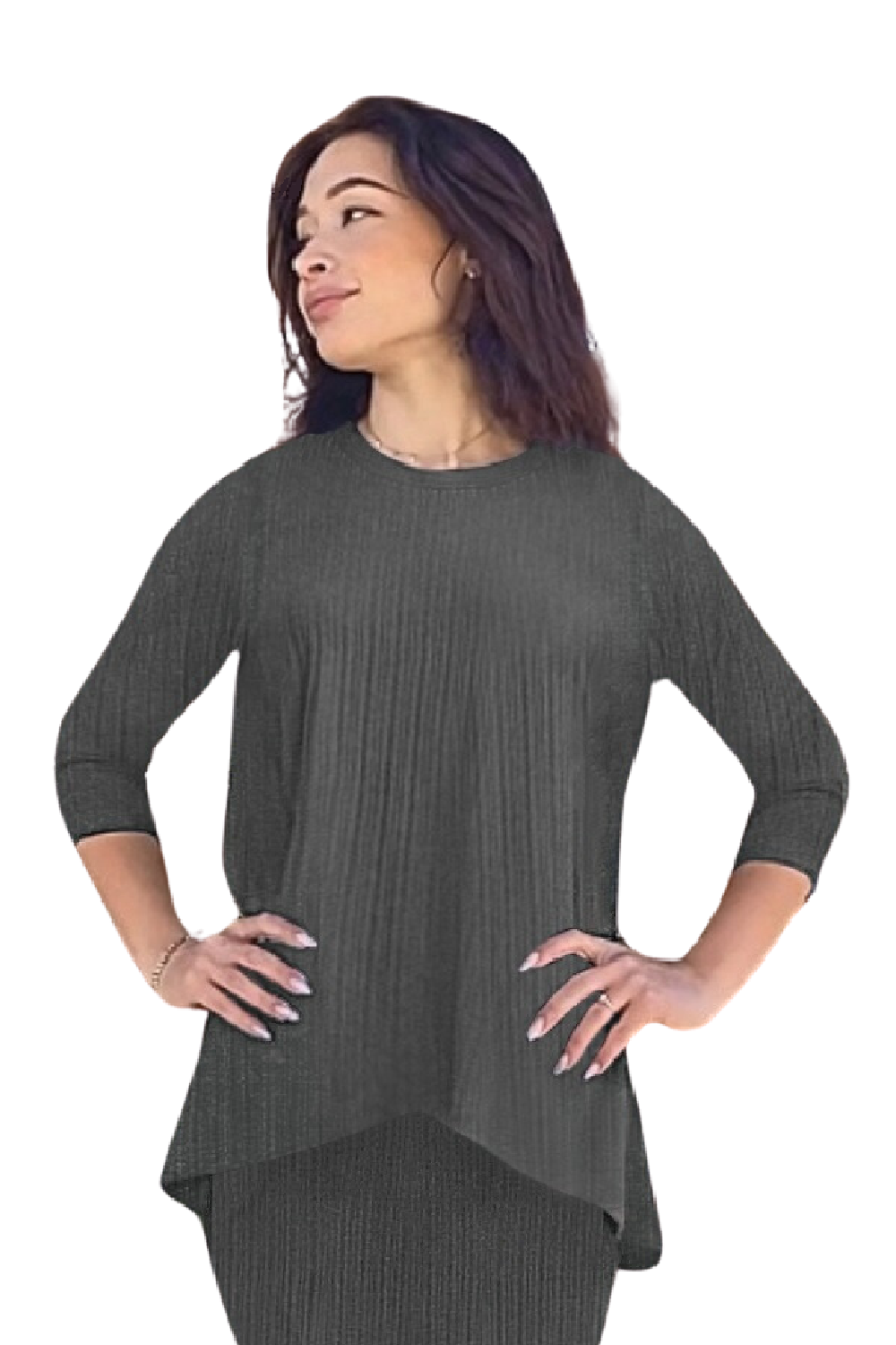 Textured Ribbed Handkerchief Tunic with 3/4 Sleeves