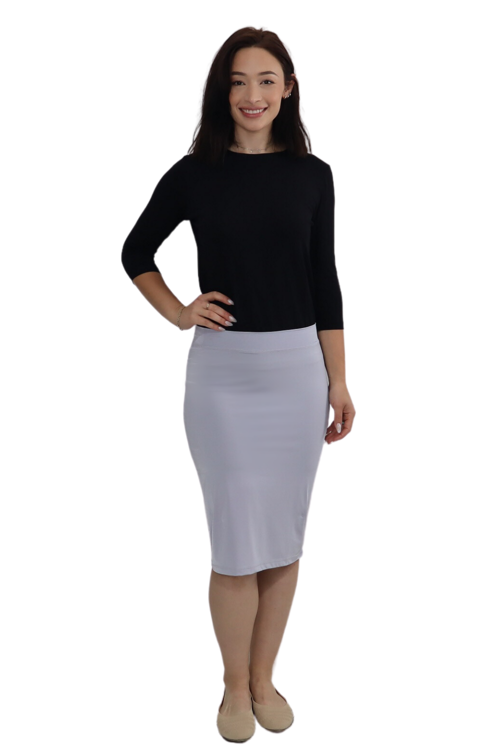 Lightweight Silky Fitted Knee-Length Pencil Skirt in Stretch Nylon