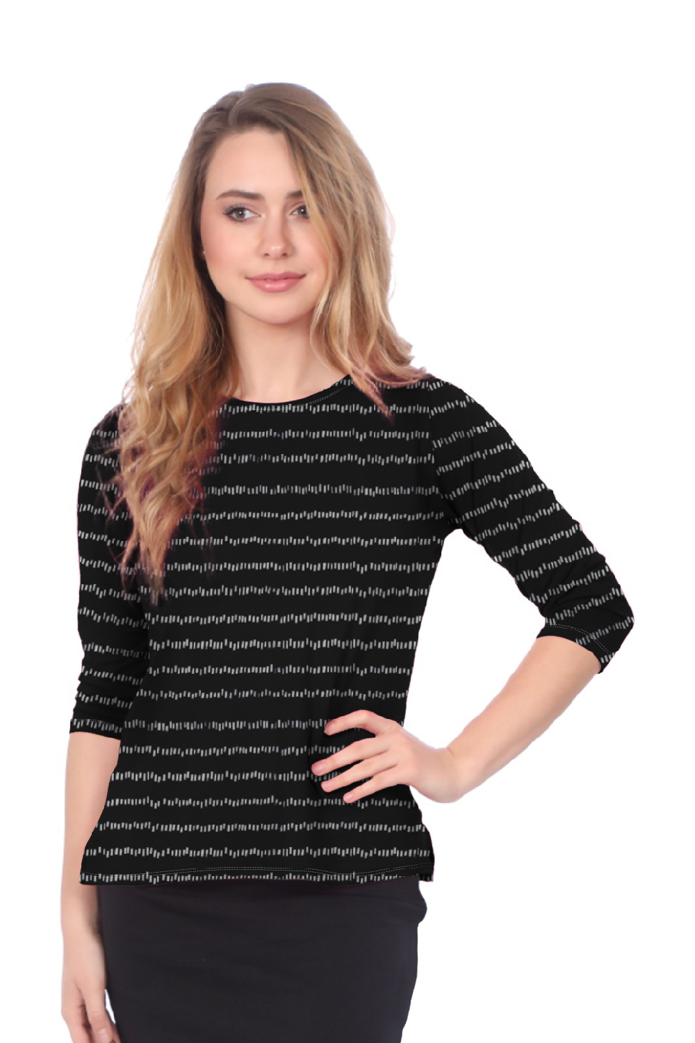 Fun Print Cotton Spandex 3/4 Sleeve T-Shirt with Side Slits