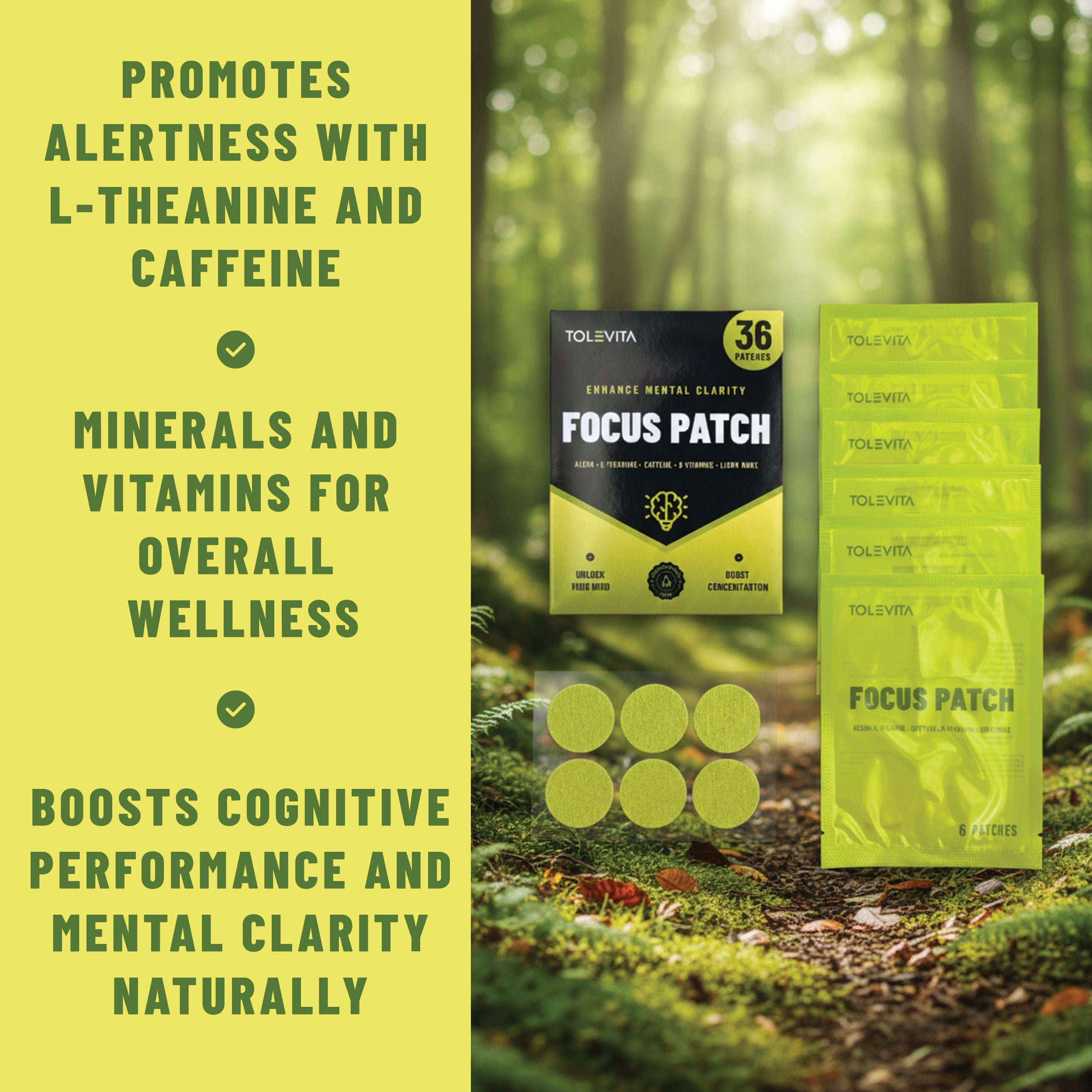 Focus Patches Mental Clarity & Energy with ALCAR, Caffeine, L-Theanine, B-Vitamins, Lion’s Mane, 36 patches