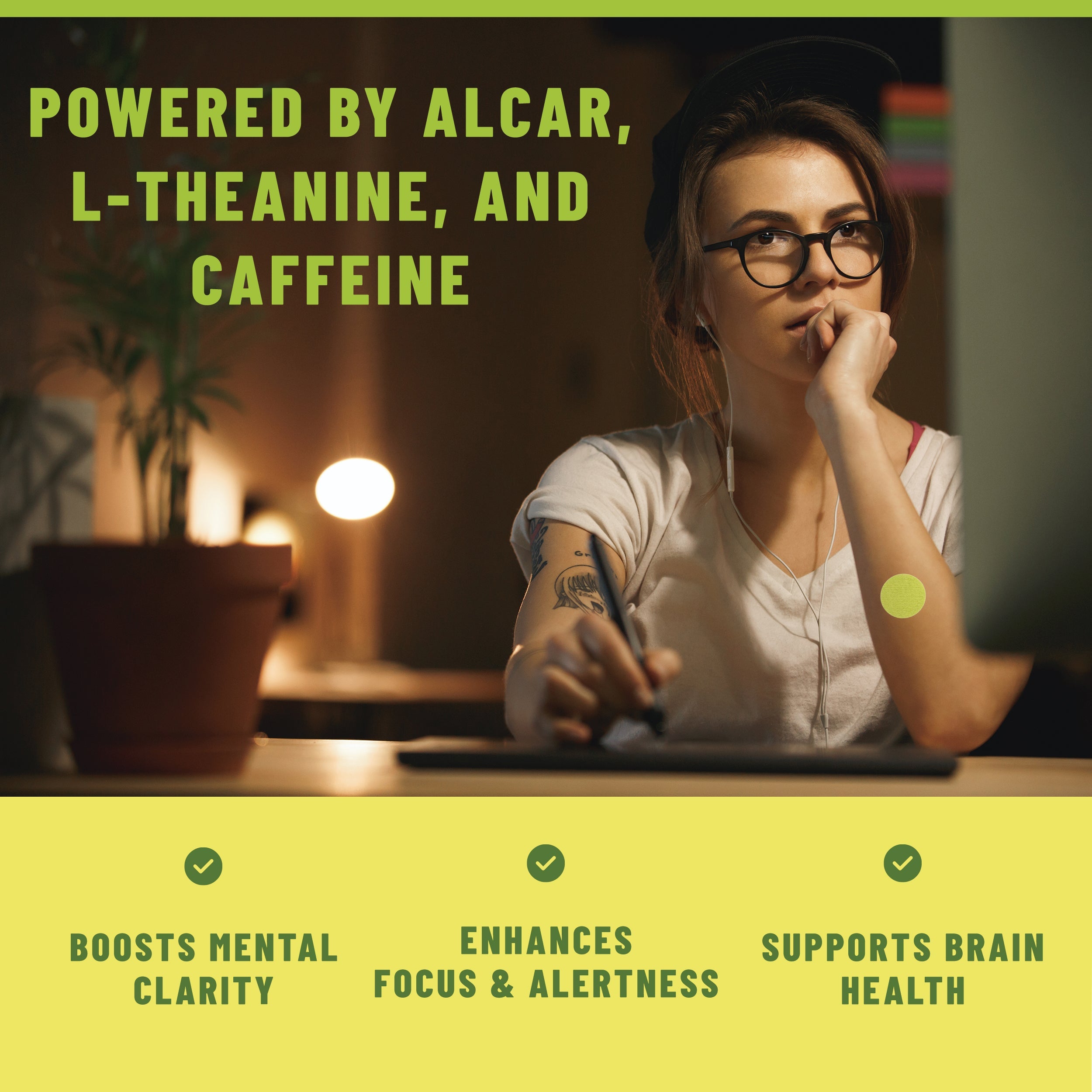 Focus Patches Mental Clarity & Energy with ALCAR, Caffeine, L-Theanine, B-Vitamins, Lion’s Mane, 36 patches