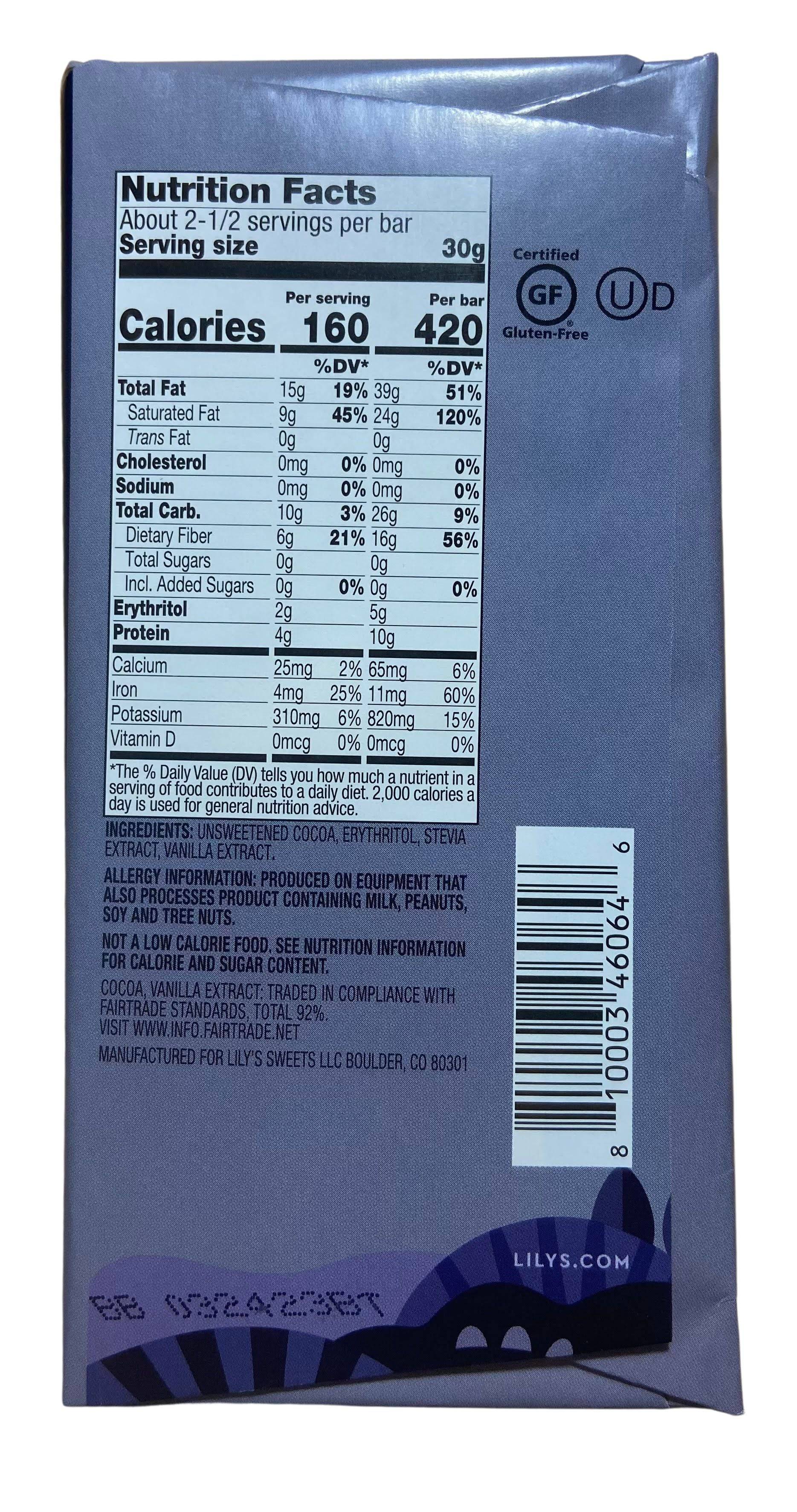 Chocolate Bars, Dark, Stevia Sweetened, Lily's