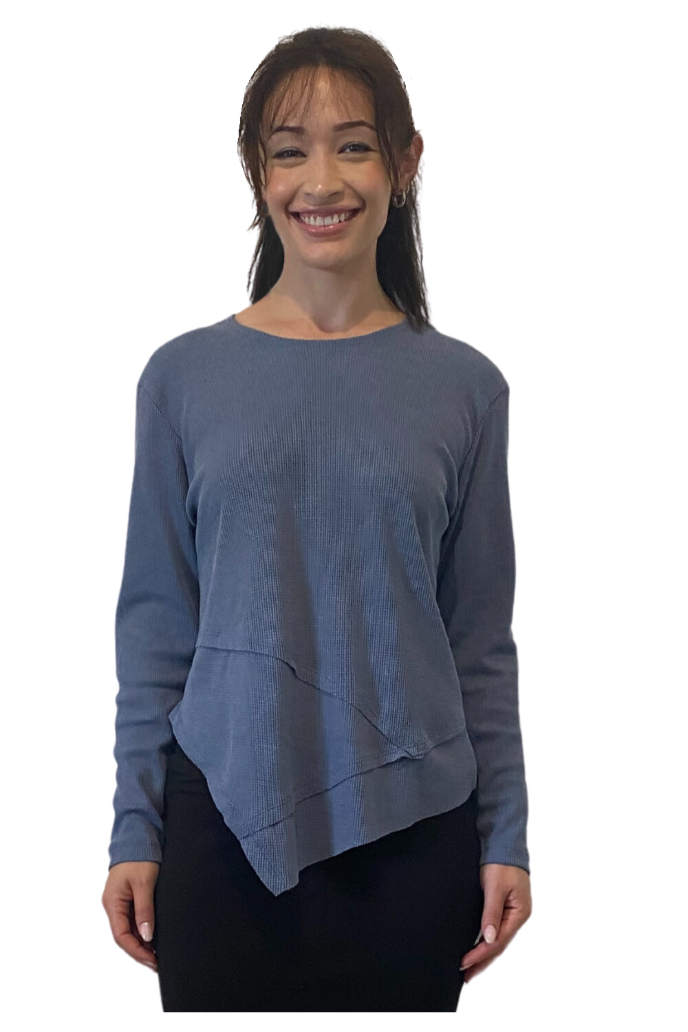 Modest High-Neck Waffle Tunic | Long Sleeve Comfort Top with Asymmetric Hem