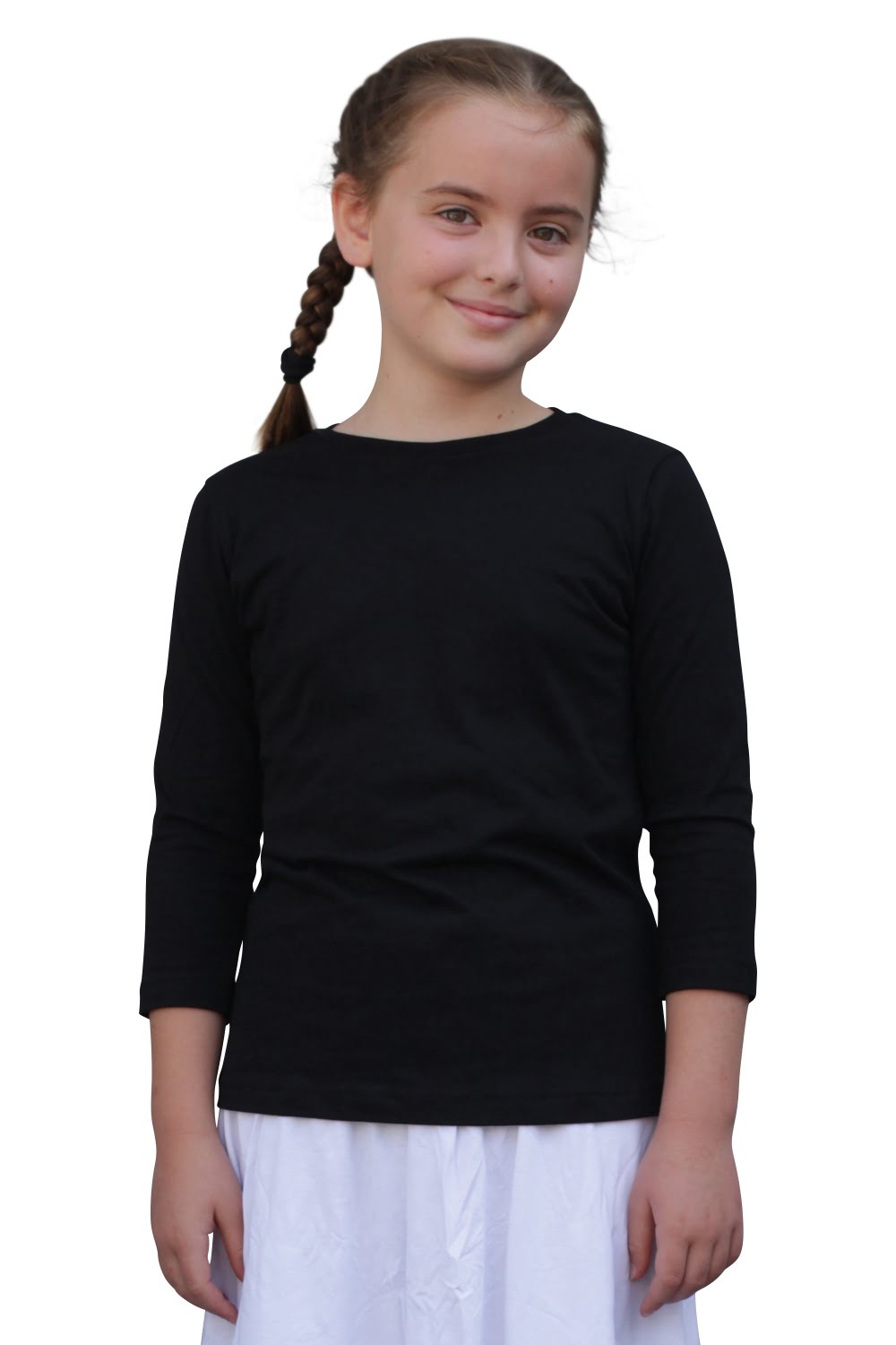 Girls' Modest Cotton Three-Quarter Sleeve Tee - Classic Comfort (Ages 5-12)