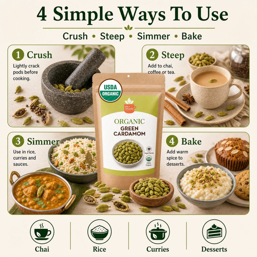 Organic Cardamom Pods — USDA Certified, Non-GMO | Jumbo Green Pods, Chai & Biryani