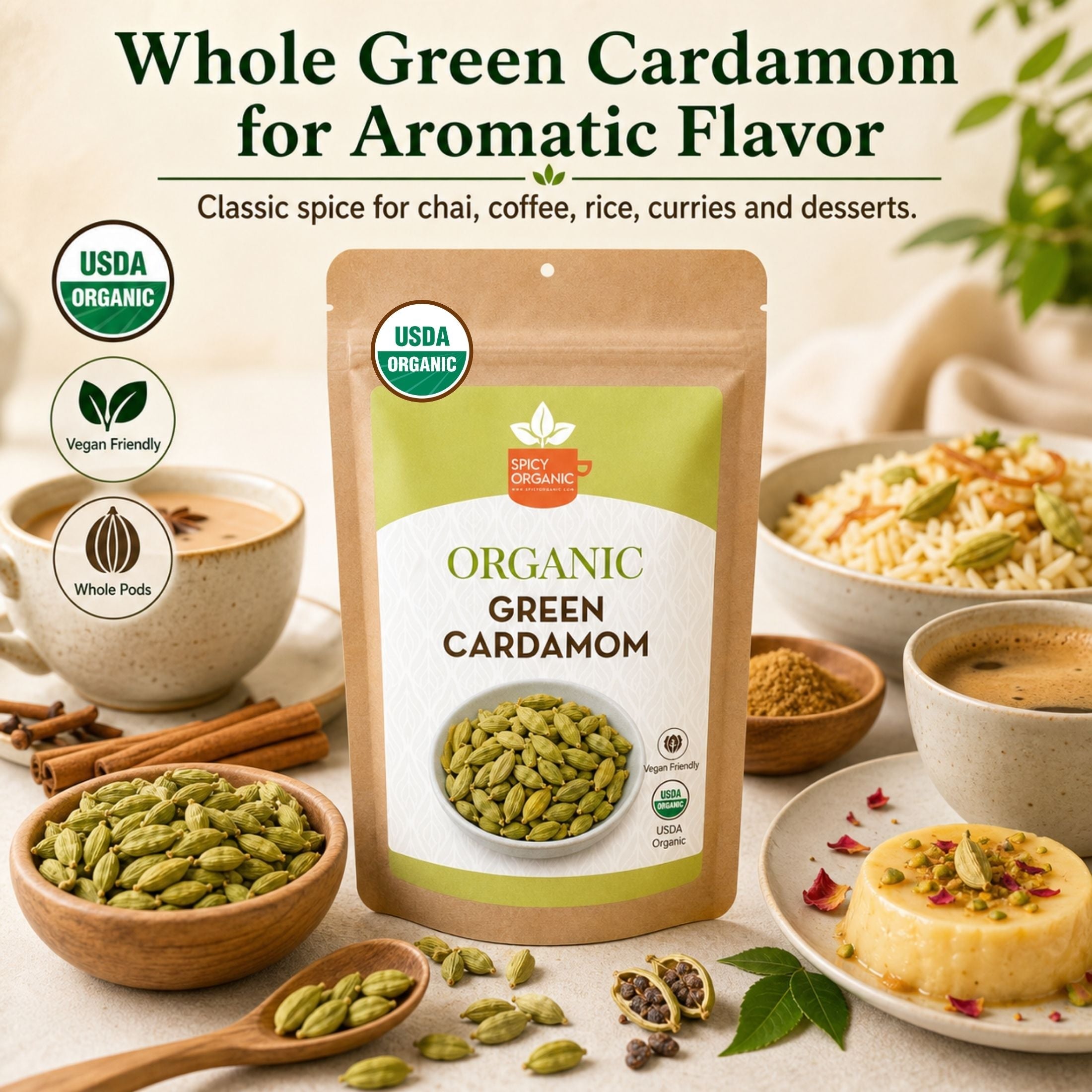 Organic Cardamom Pods — USDA Certified, Non-GMO | Jumbo Green Pods, Chai & Biryani