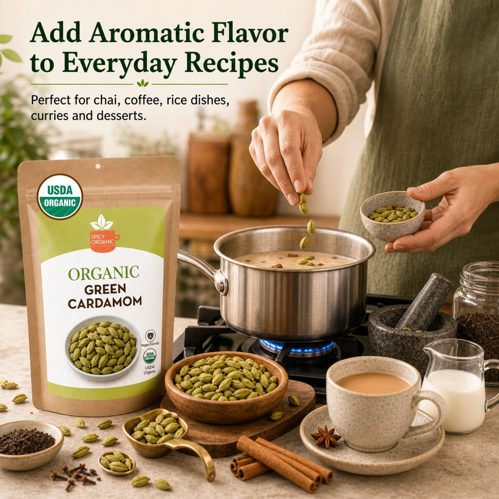 Organic Cardamom Pods — USDA Certified, Non-GMO | Jumbo Green Pods, Chai & Biryani