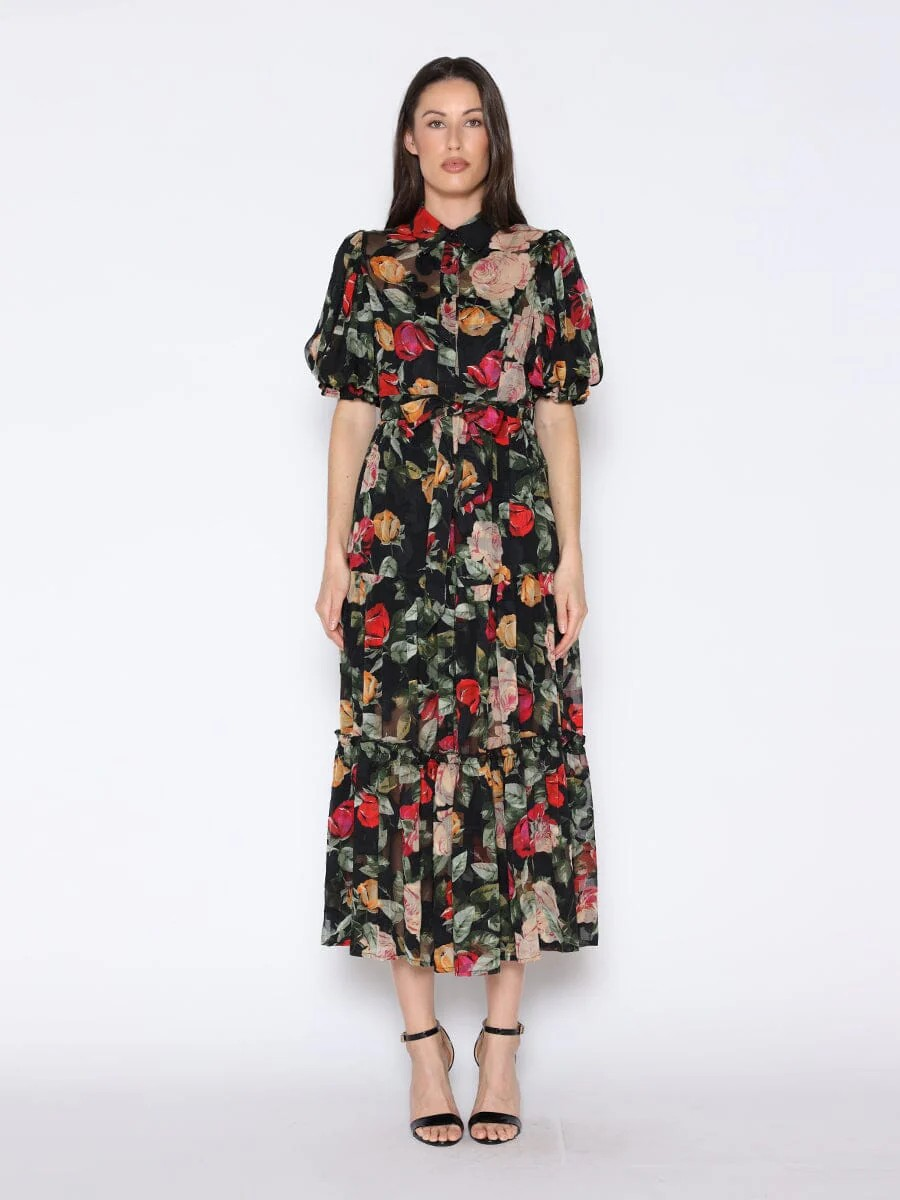Floral Print Puff Sleeve Maxi Tie Belt Dress Gracia D36659